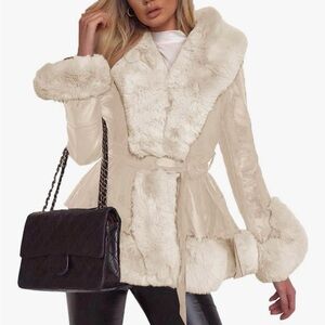 Women's Stylish Cream Faux Fur Trim Leather Coat